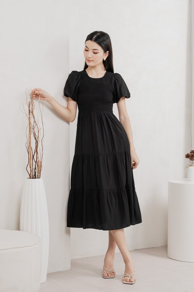 Soiree Smocked Tiered Midi Dress In Black