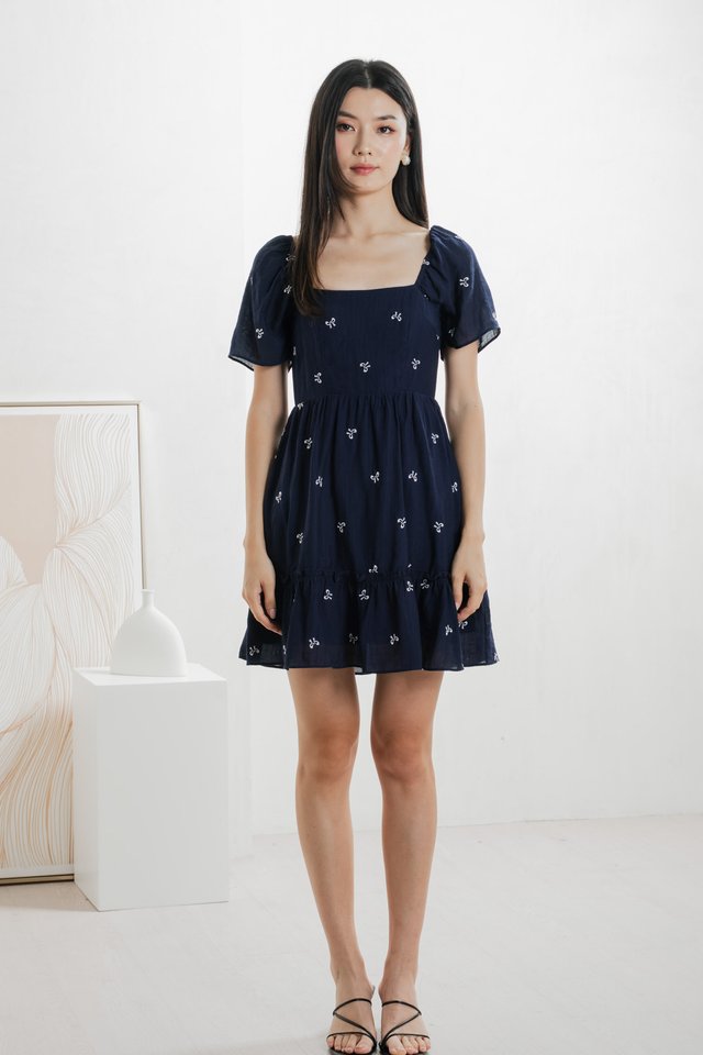 Antonia Ribbon Embroidery Dress In Navy