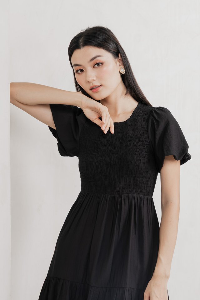 Soiree Smocked Tiered Midi Dress In Black