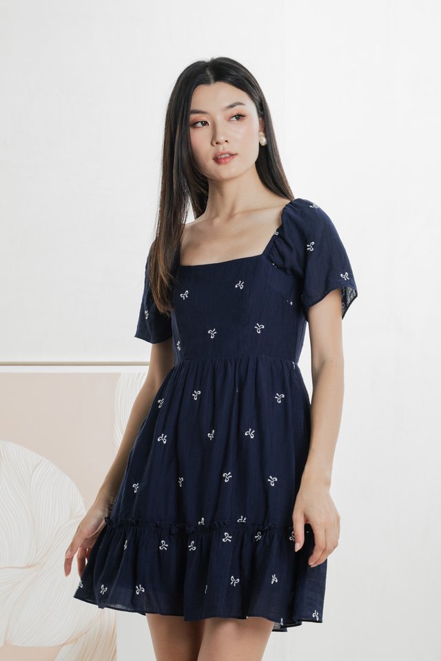 Antonia Ribbon Embroidery Dress In Navy