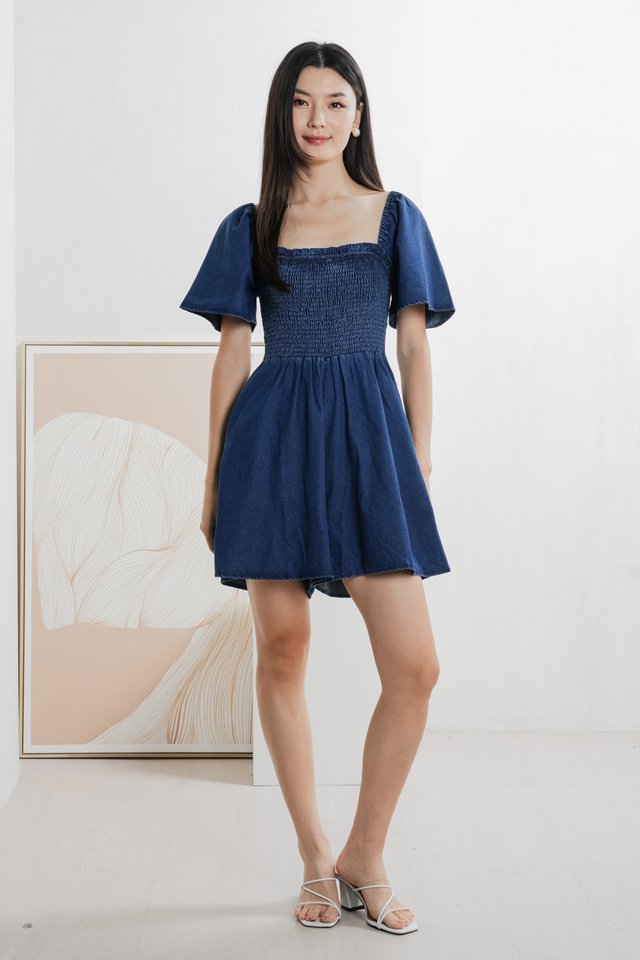 Carper Smocked Denim Sleeve Romper