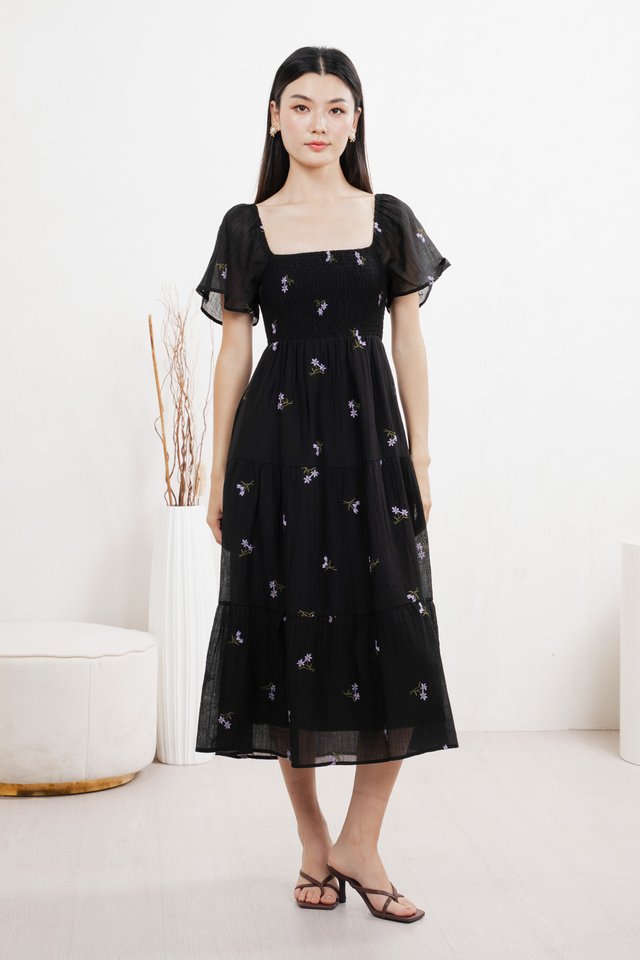 Cottis Smocked Embroidery Midi Dress In Black