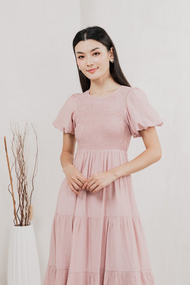 Soiree Smocked Tiered Midi Dress In Dusty Pink