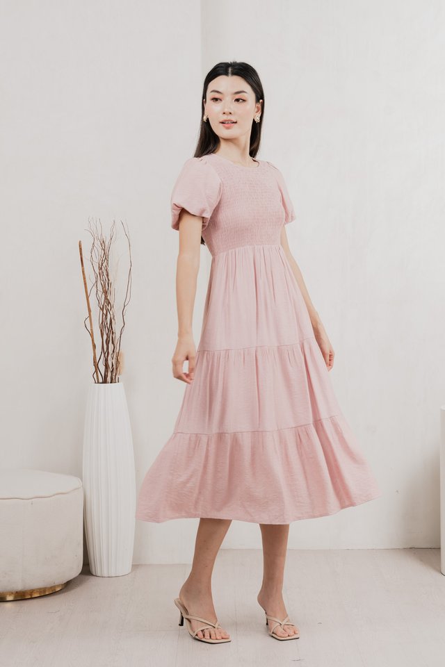 Soiree Smocked Tiered Midi Dress In Dusty Pink