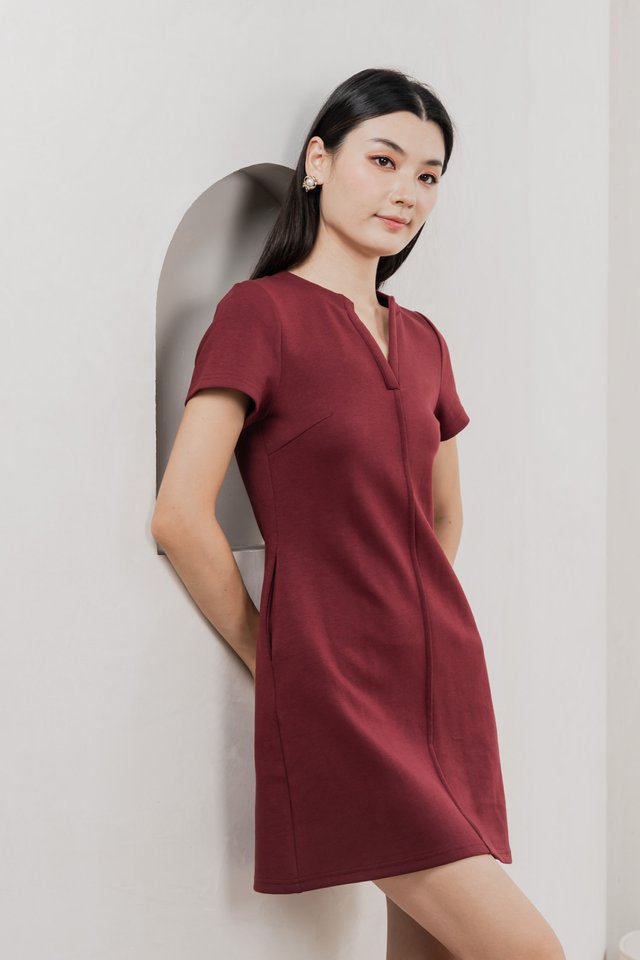 Michel Mandarin Collar Cotton Dress In Wine