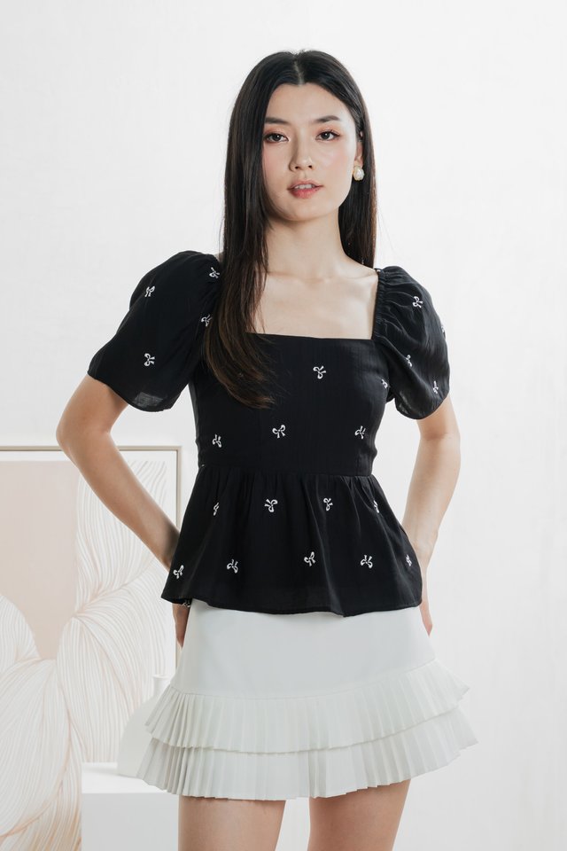 Antonia Ribbon Embroidery Top In Black