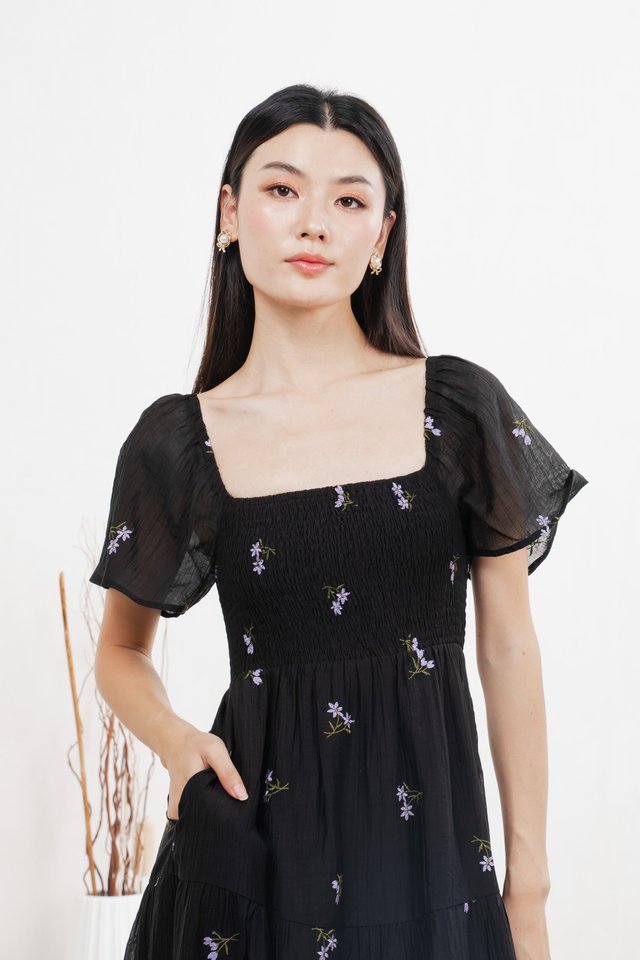 Cottis Smocked Embroidery Midi Dress In Black