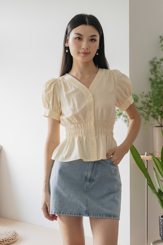 Daffodil Smocked Waist Button Top In Cream