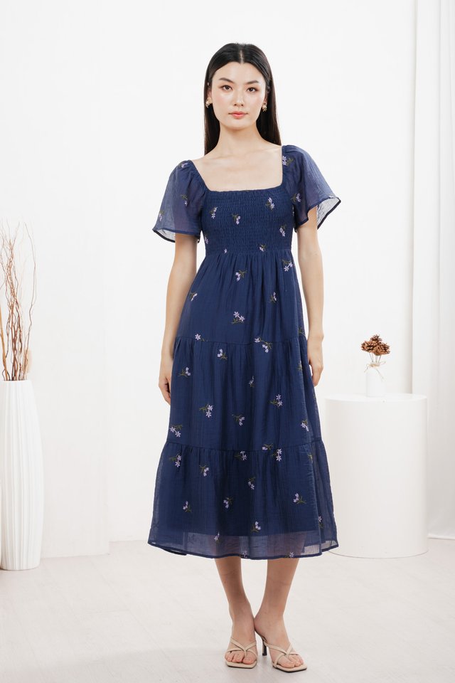 Cottis Smocked Embroidery Midi Dress In Navy