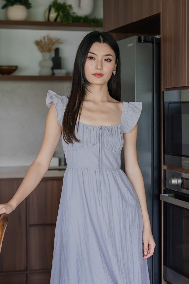 Kura Ruched Ribbon Midi Dress In Light Grey