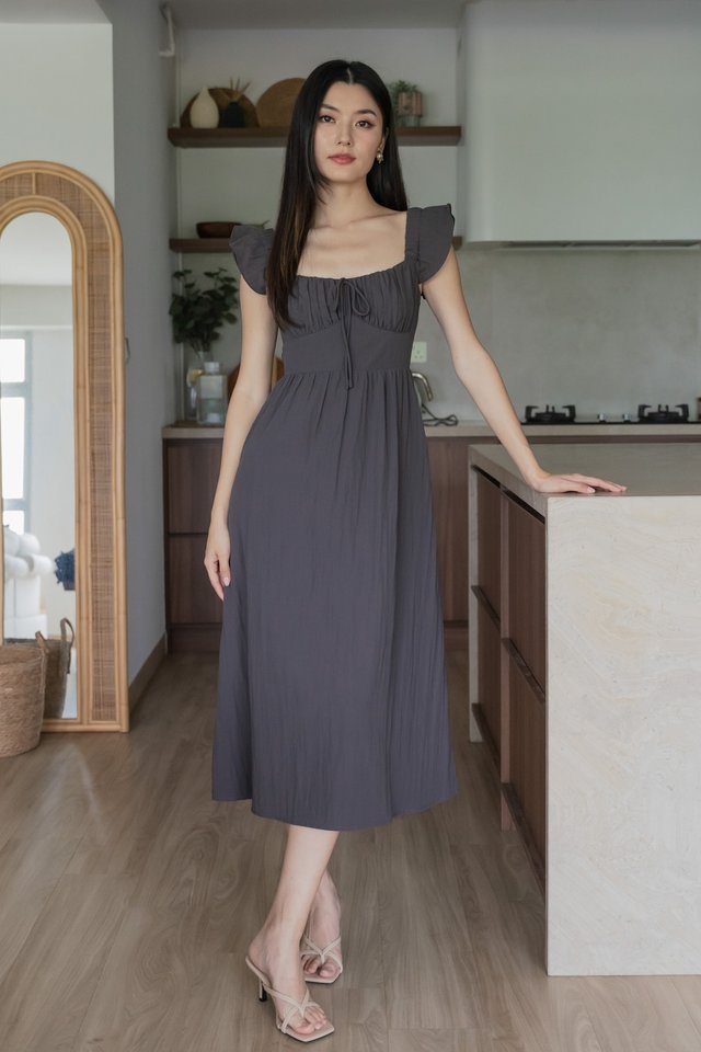 Kura Ruched Ribbon Midi Dress In Gunmetal
