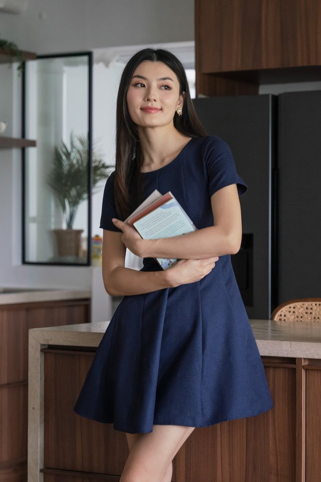 Apple Tweed Work Dress In Navy