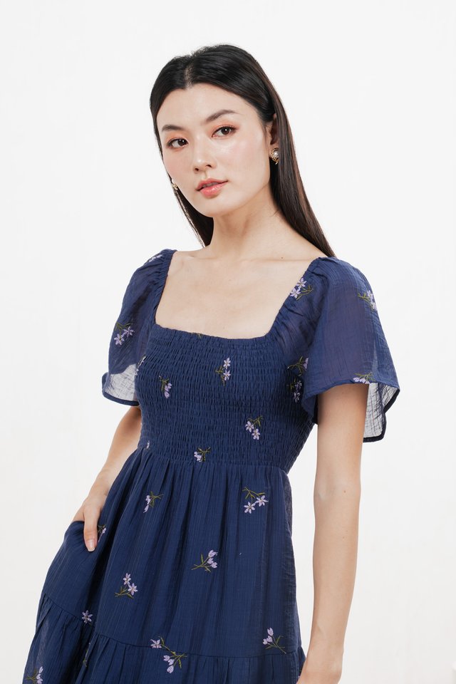 Cottis Smocked Embroidery Midi Dress In Navy