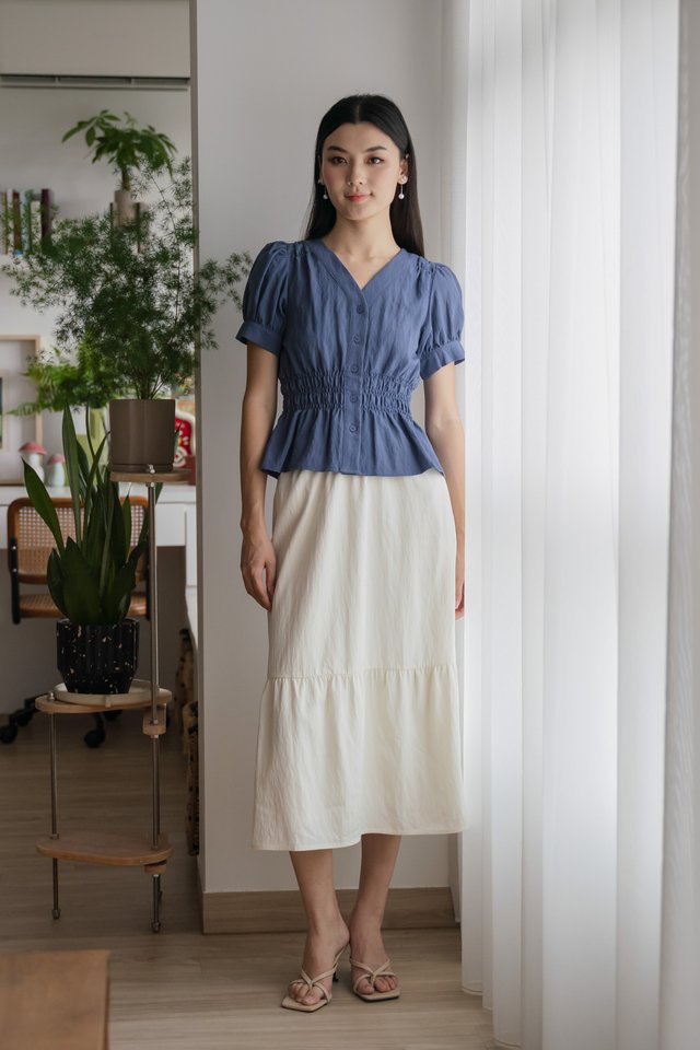 Daffodil Smocked Waist Button Top In Blue