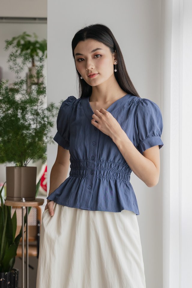 Daffodil Smocked Waist Button Top In Blue