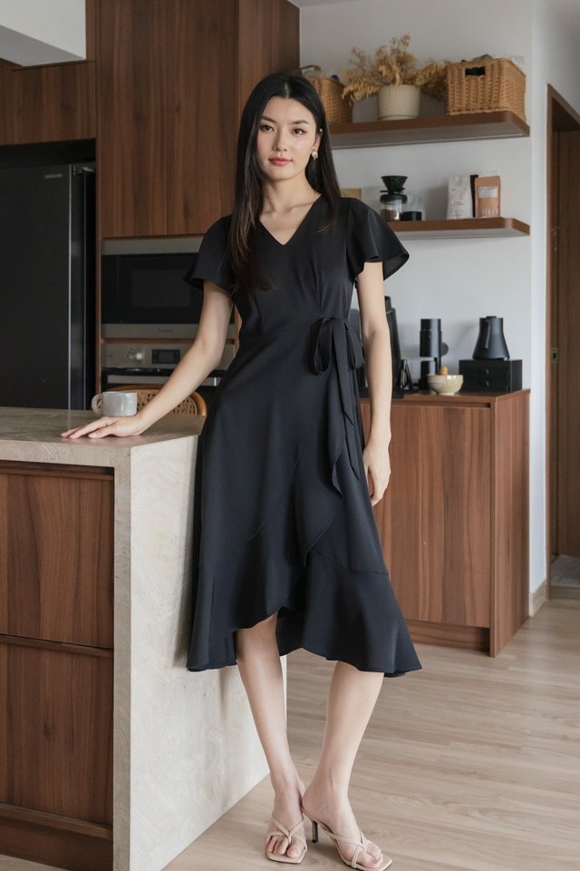 Rylan Faux Wrap Midi Dress In Black