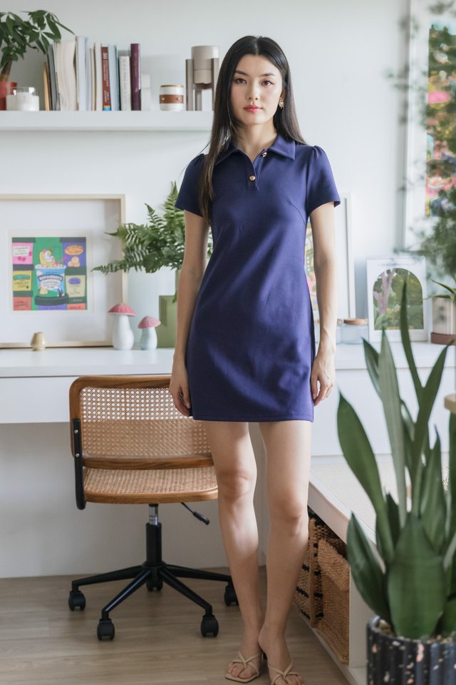 Helen Heart Button Polo Dress In Navy