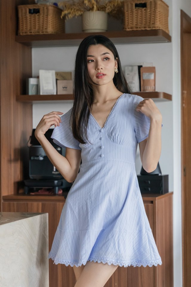 Cyrus Crochet Eyelet Empire Dress In Powder Blue