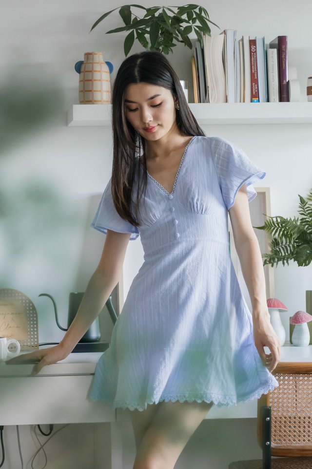 Cyrus Crochet Eyelet Empire Dress In Powder Blue