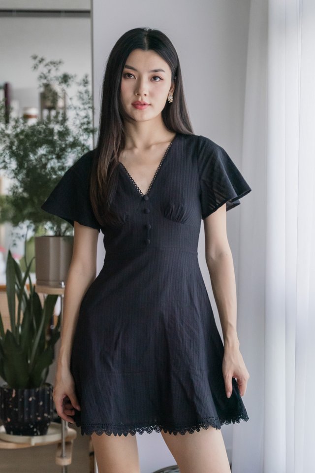 Cyrus Crochet Eyelet Empire Dress In Black