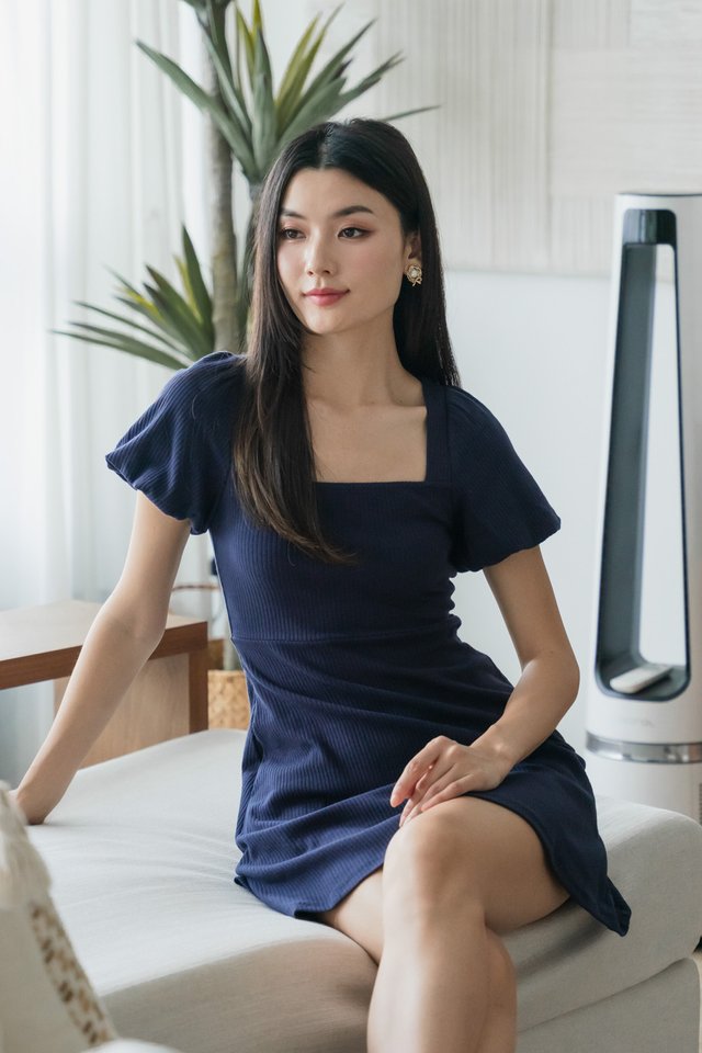 Hayden Ribbed Cotton Dress In Navy