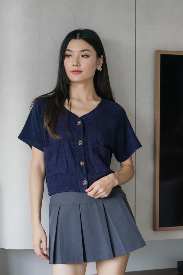 Madeline Buttons Pocket Knit Top In Navy