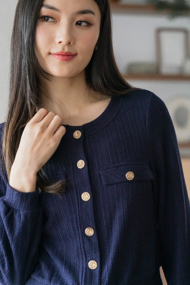 Glow Gold Buttons Cardigan In Navy