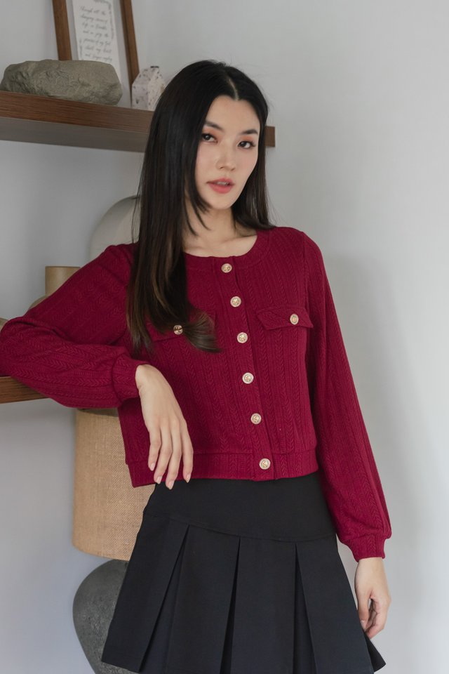 Glow Gold Buttons Cardigan In Red