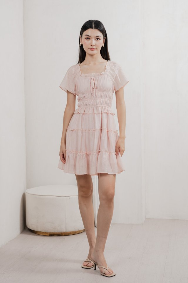 Ripple Textured Ruffles Tiered Dress In Blush Pink