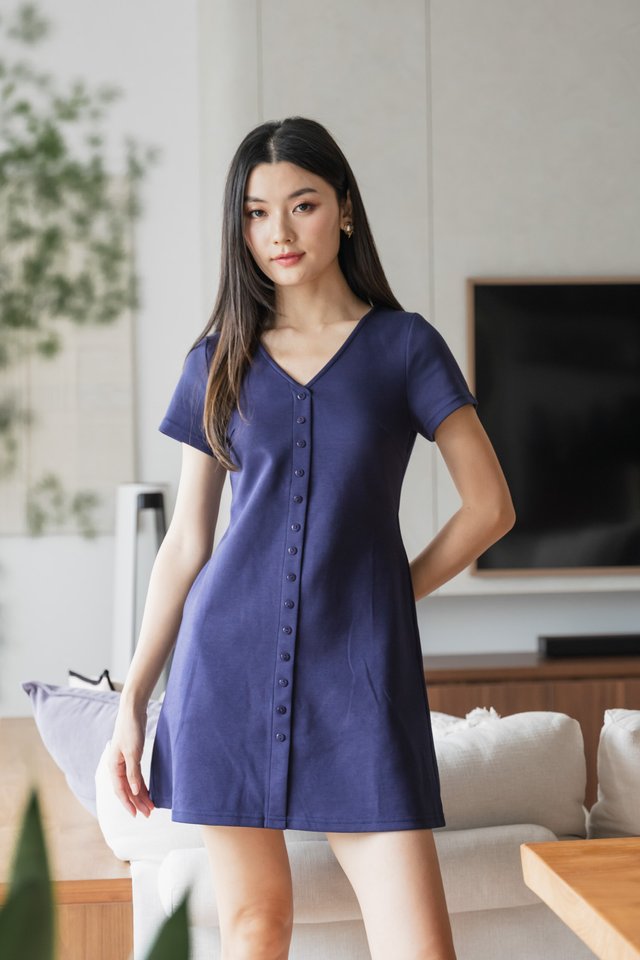 Ocie Buttons Cotton Dress In Navy