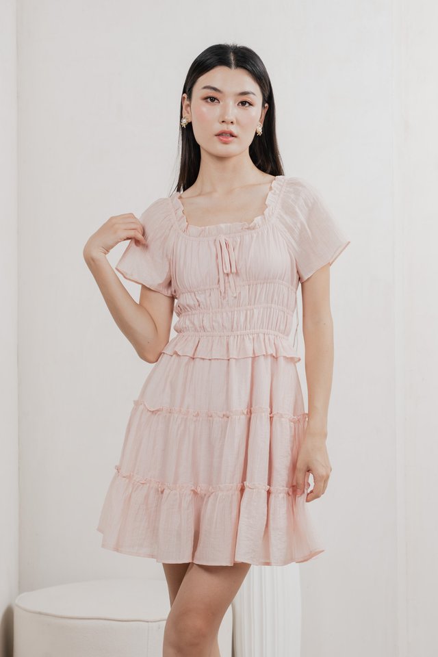 Ripple Textured Ruffles Tiered Dress In Blush Pink