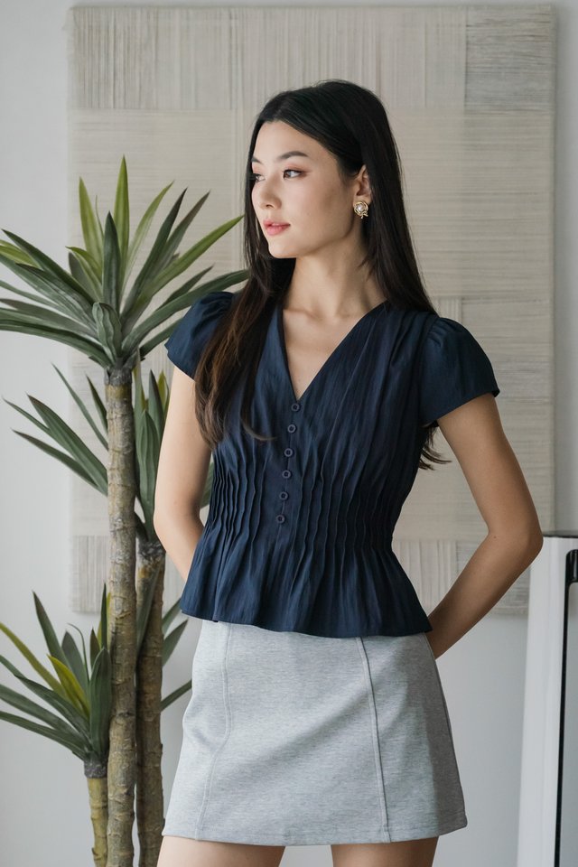 Geller Pintuck Button Top In Navy