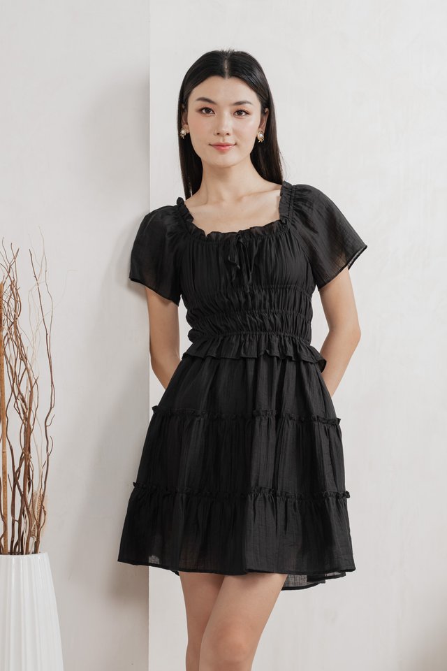 Ripple Textured Ruffles Tiered Dress In Black