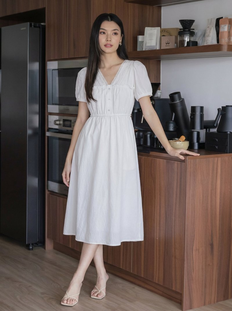 Lura Lace Button Midi Dress In White