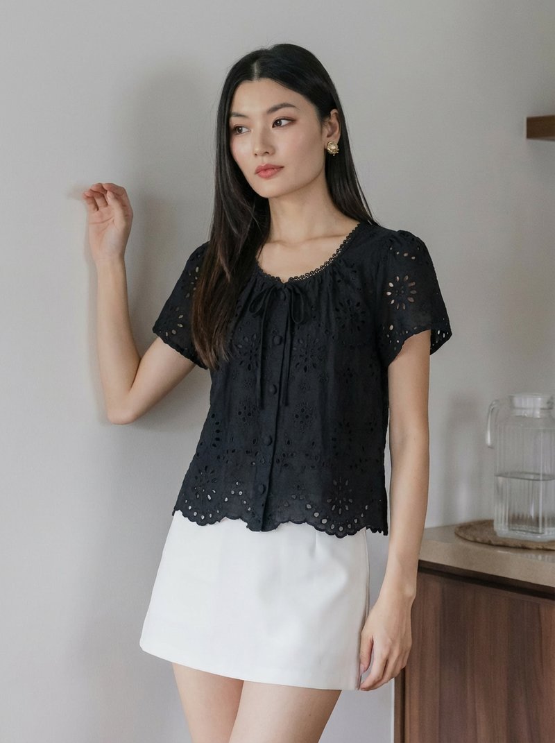 Centella Ribbon Embroidered Top In Black