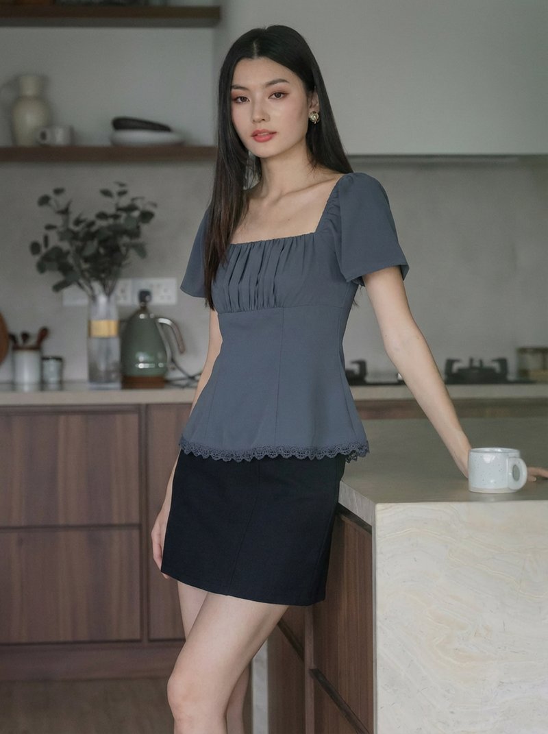 Liz Ruched Crochet Hem Top In Gunmetal