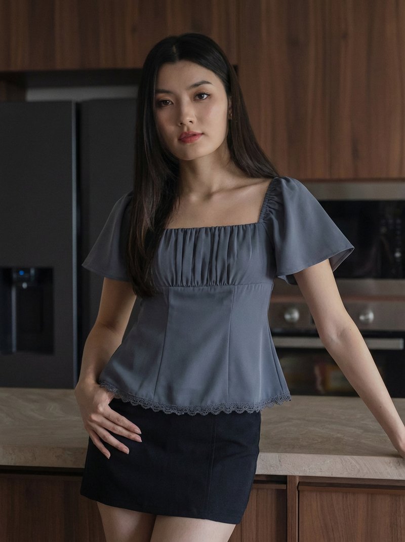 Liz Ruched Crochet Hem Top In Gunmetal