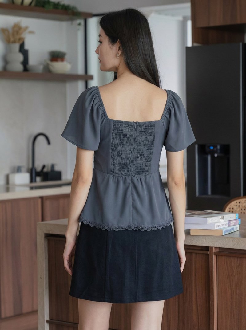 Liz Ruched Crochet Hem Top In Gunmetal