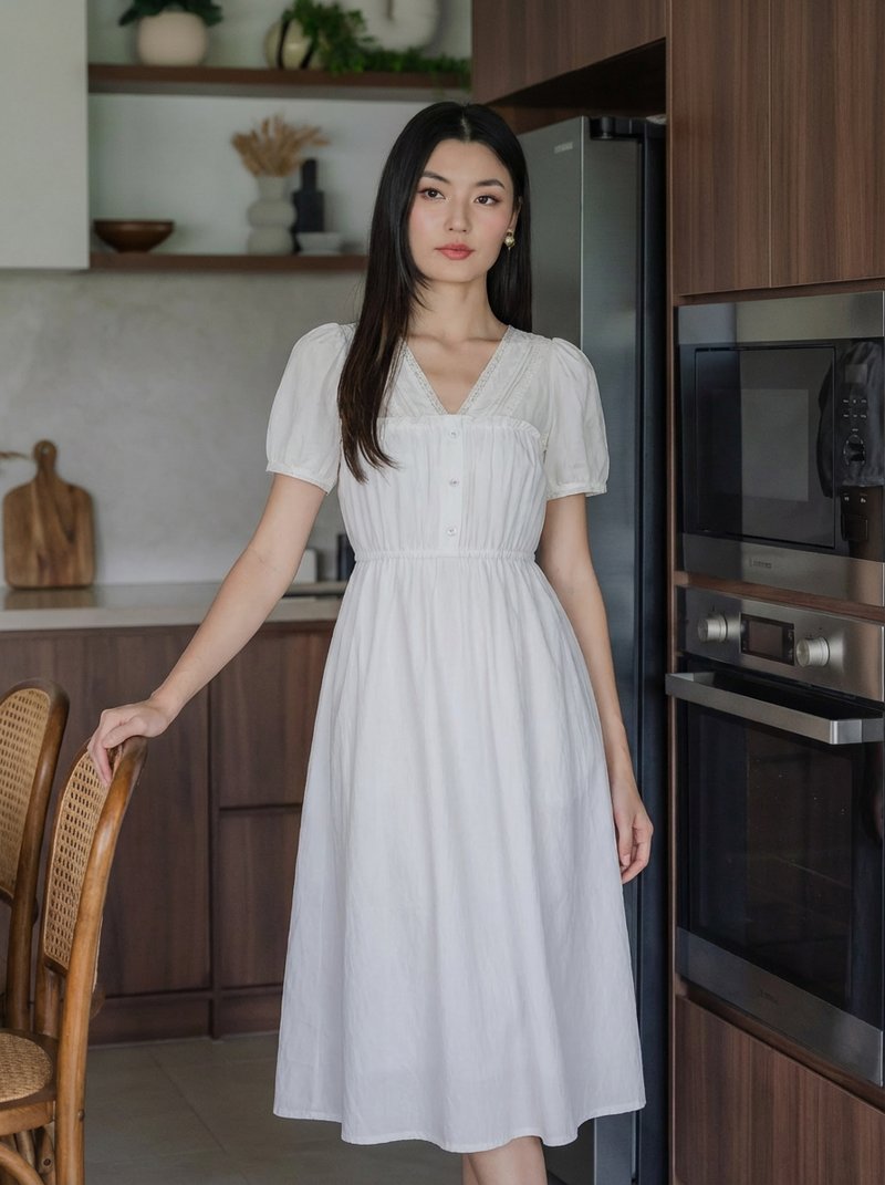Lura Lace Button Midi Dress In White
