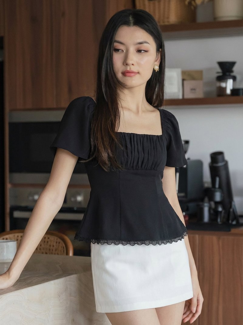 Liz Ruched Crochet Hem Top In Black
