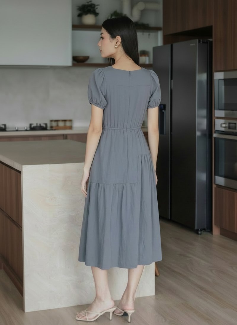 Hayami Puff Sleeves Midi Dress In Gunmetal