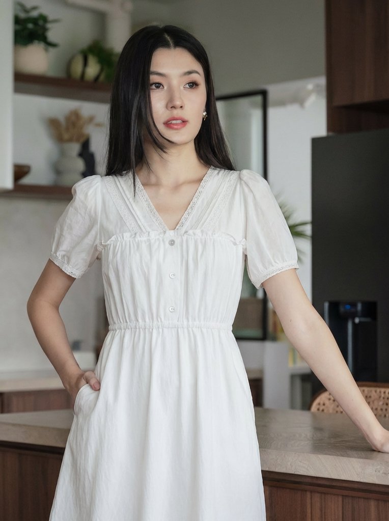 Lura Lace Button Midi Dress In White