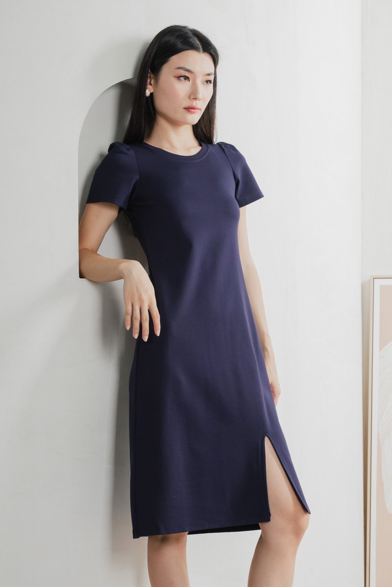 Orla Cotton Slit Midi Dress In Navy
