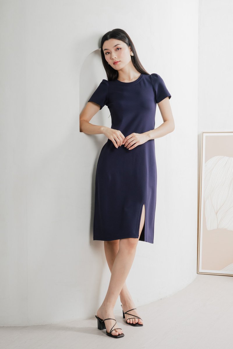 Orla Cotton Slit Midi Dress In Navy