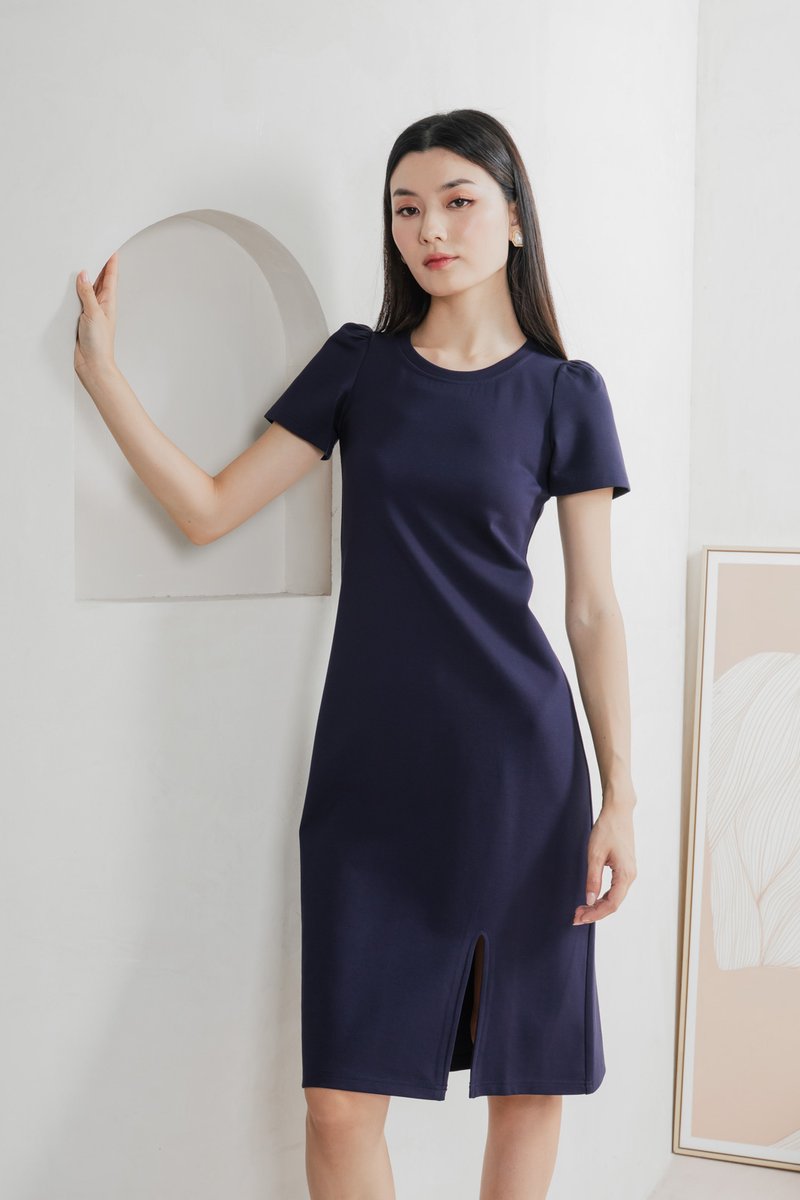 Orla Cotton Slit Midi Dress In Navy