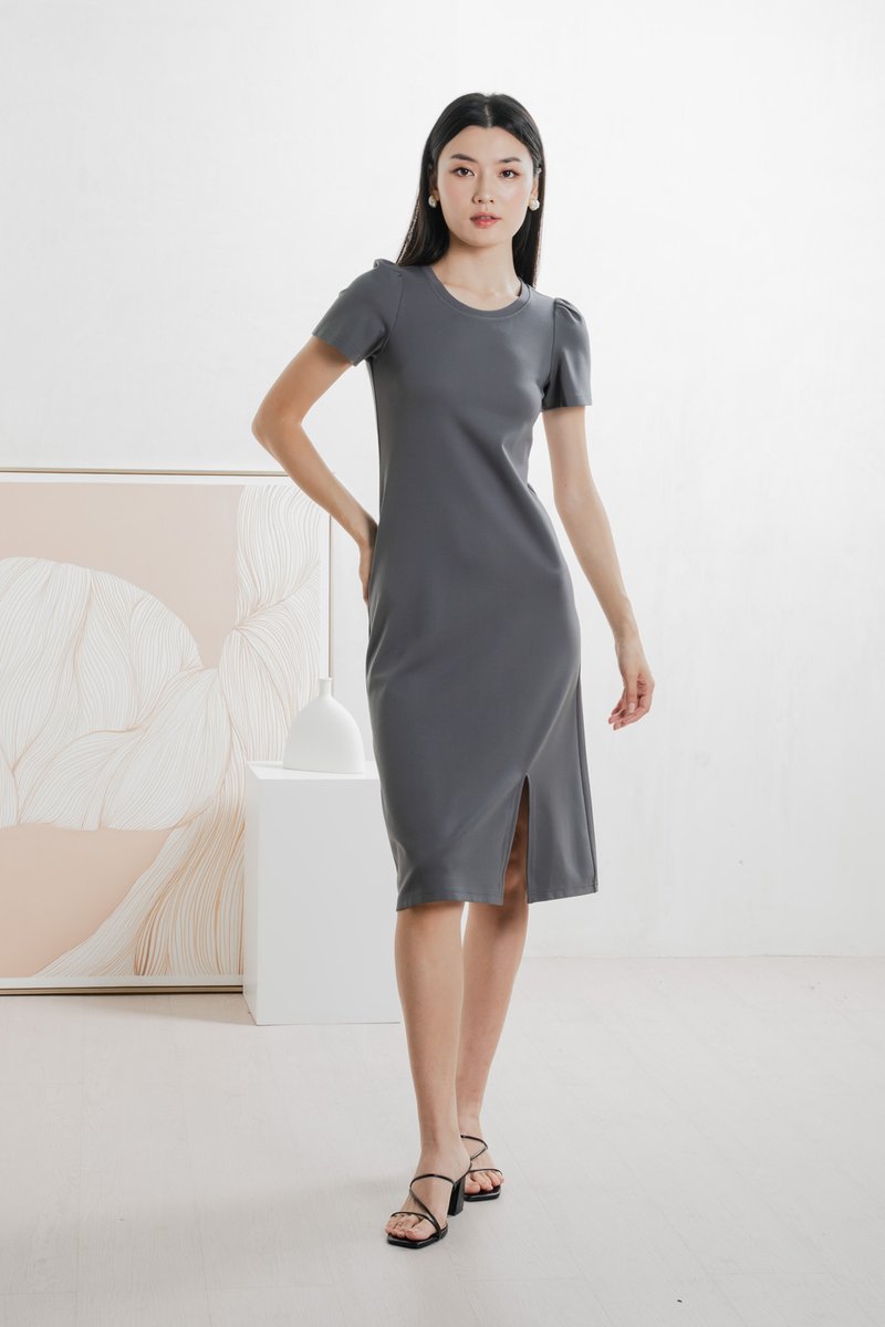 Orla Cotton Slit Midi Dress In Gunmetal