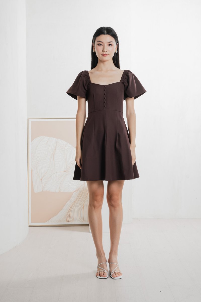 Bondi Buttons Flare Sleeves Dress In Burgundy
