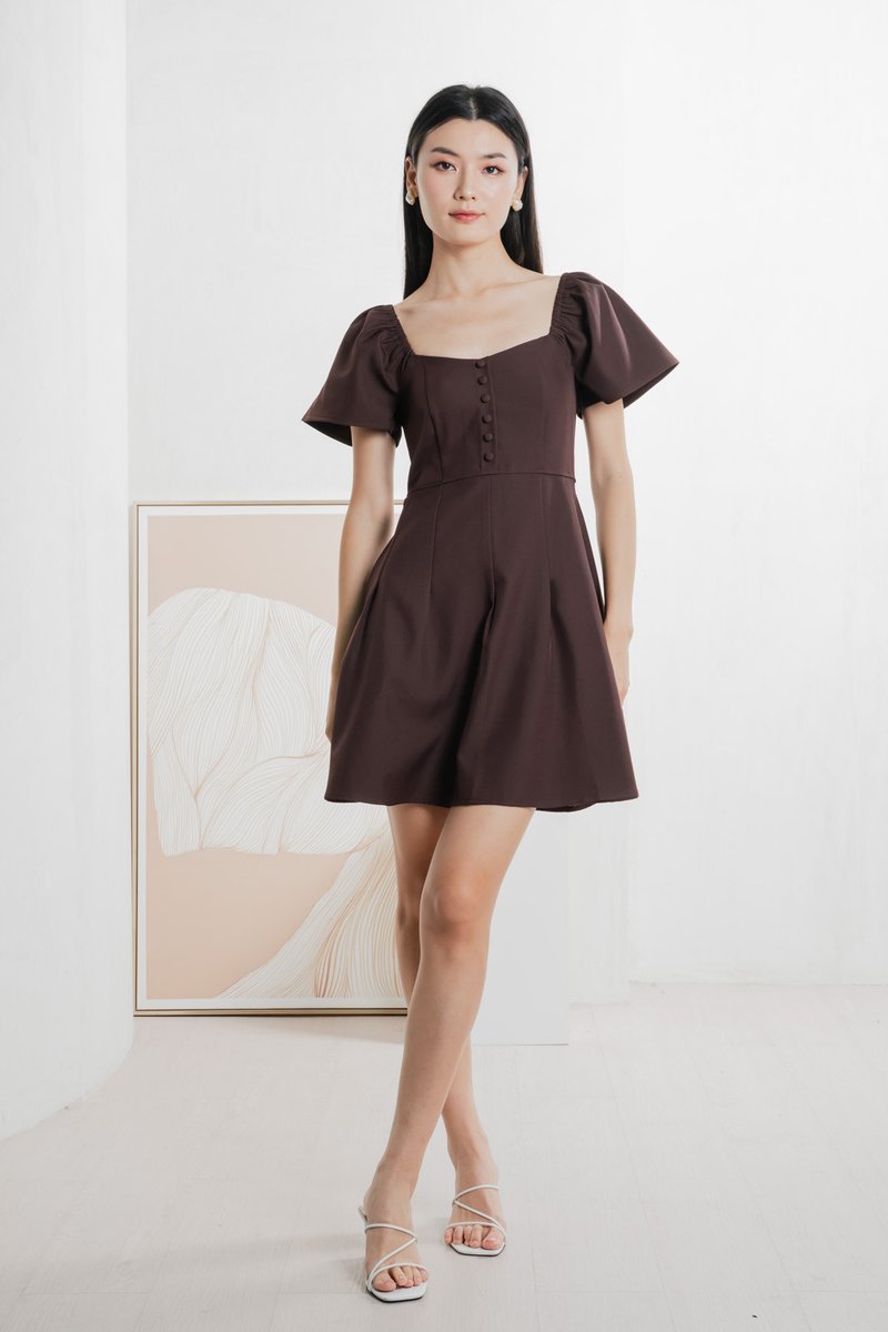 Bondi Buttons Flare Sleeves Dress In Burgundy