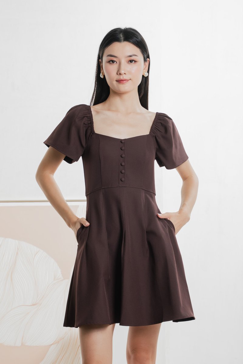 Bondi Buttons Flare Sleeves Dress In Burgundy