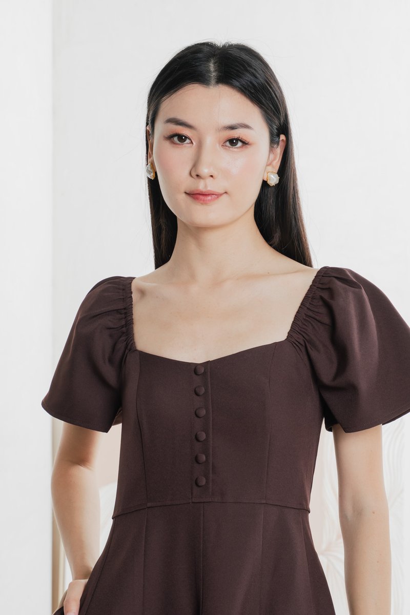 Bondi Buttons Flare Sleeves Dress In Burgundy